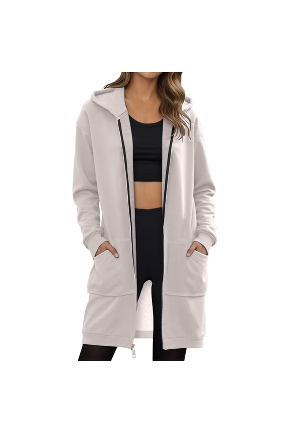 Leisure Jackets Women Long Sleeve Hooded Zipper Solid Color Long-Length Fall Winter with Pockets Blouses for Ladies Beige,S