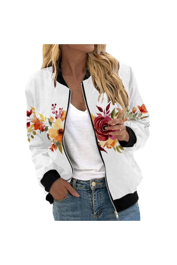 Leisure Jackets for Womens Lightweight Zip Up Long Sleeve Zipper Floral Print Sports Outwear Blouses White,L