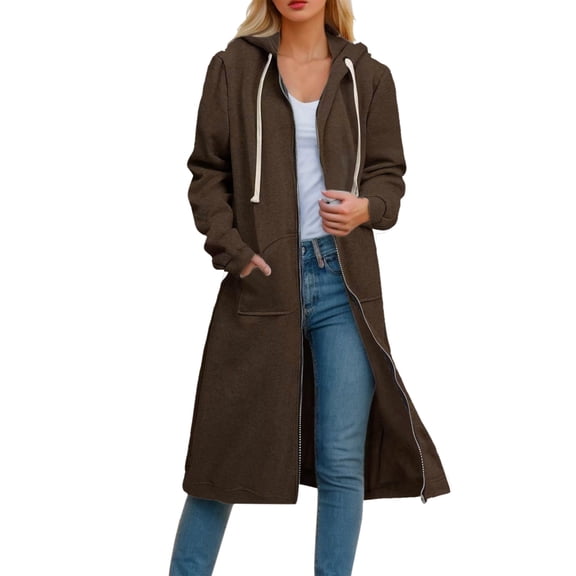 Tiweut Leisure Jackets for Womens Loose Fit Long Sleeve Hooded Zippered Long Cardigan Sweatershirt Coat Blouses Coffee,XL