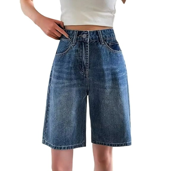 Tiweut Leisure Jeans Womens High Waisted Straight Leg Denim Shorts Summer Cropped Zip Detail Streetwear Short Pants Blue,XL