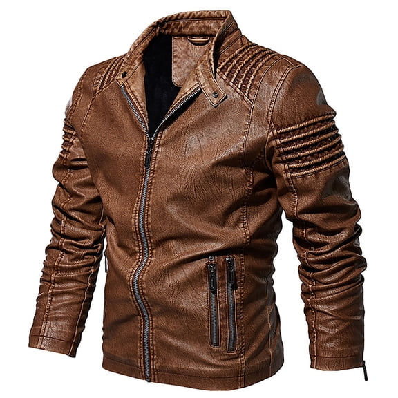 Tiweut Leisure Leather Jackets for Womens Male Fall and Winter Solid Color Long Sleeve Lapel Zipper Slim Fit Leather Coat Blouses Khaki,3XL