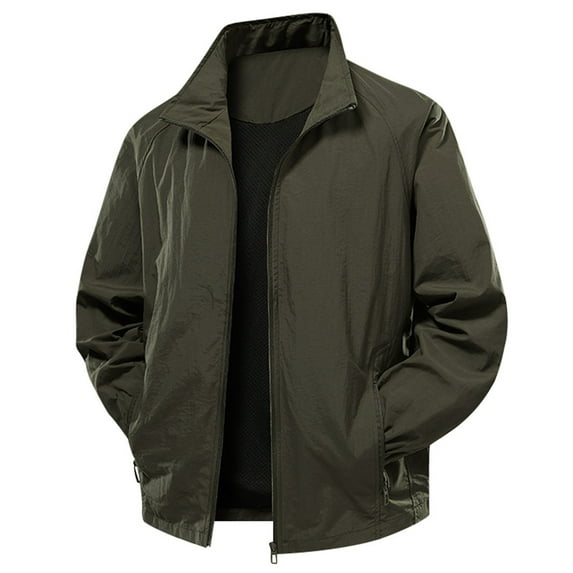 Tiweut Leisure Outdoor Jackets Men Long Sleeve Zip Up Lightweight Fall Solid Color Versatile Outdoor Clothes Green,2XL