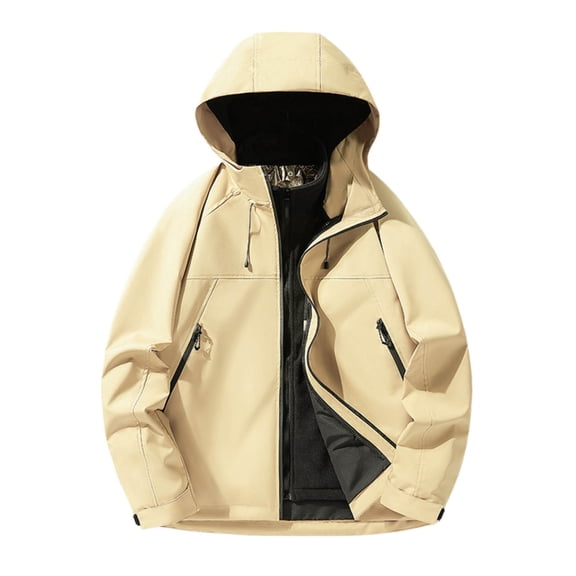 Tiweut Leisure Outdoor Jackets Men Solid Color Hooded Zipper Loose Fit Sports Outdoor Regular Outerwear Beige,M