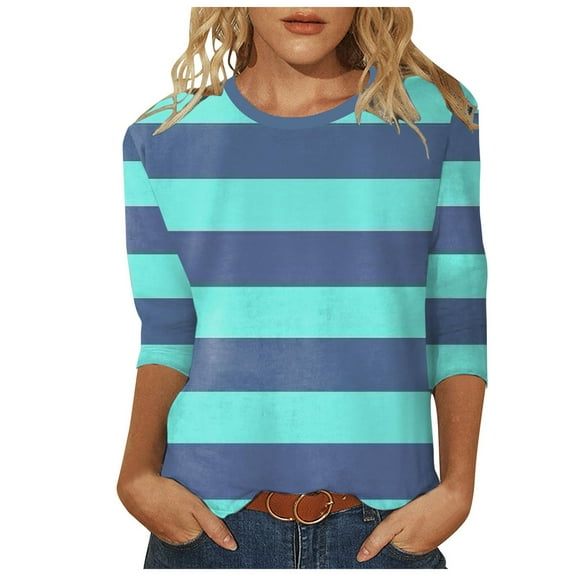 Tiweut Leisure T Shirts for Women 3/4 Sleeve Graphic Crew Neck Summer Striped Tunics Classic Fit Ladies Tees,Z1 Blue,M