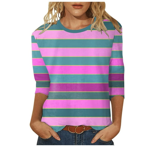 Tiweut Leisure T Shirts for Women 3/4 Sleeve Graphic Crew Neck Summer Striped Tunics Classic Fit Ladies Tees,Z1 Hot Pink,L