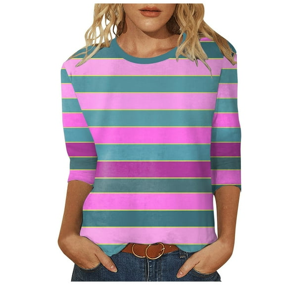 Tiweut Leisure T Shirts for Women 3/4 Sleeve Graphic Crew Neck Summer Striped Tunics Classic Fit Ladies Tees,Z1 Hot Pink,M