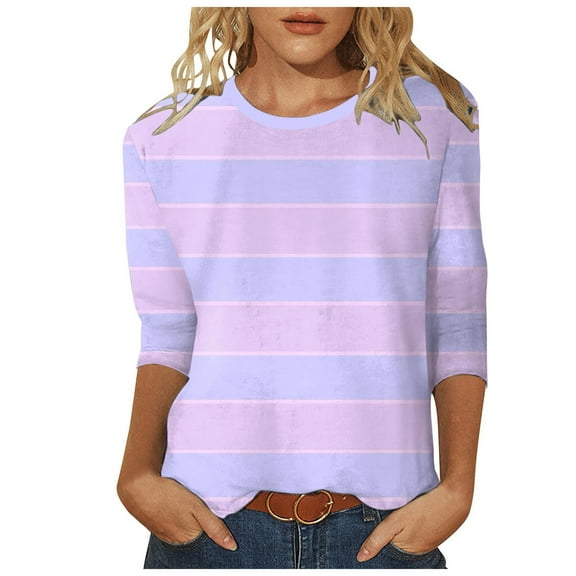 Tiweut Leisure T Shirts for Women 3/4 Sleeve Graphic Crew Neck Summer Striped Tunics Classic Fit Ladies Tees,Z1 Purple,M