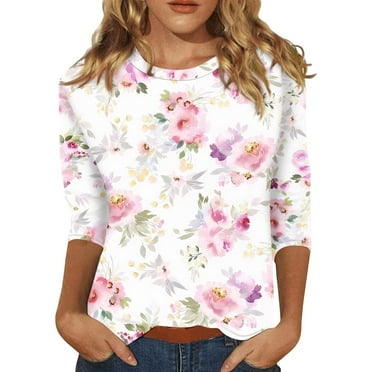 Tiweut Leisure T Shirts for Women 3/4 Sleeve Round Neck Plus Size Loose Fit Summer Floral Print Classic Fit Ladies Tees White