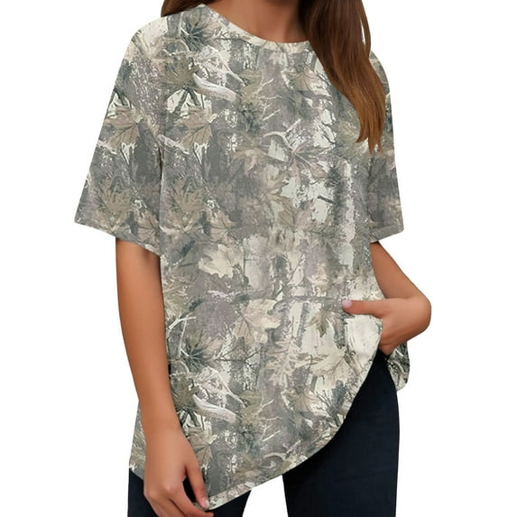 Tiweut Leisure T Shirts for Women Fashion Floral Camouflage Print Short Sleeve Crew Neck Classic Fit Ladies Tees Green