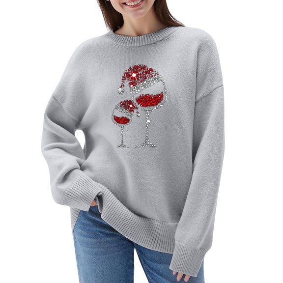 Tiweut Leisure Womens' Christmas Sweaters Festive Knit Pullover Cozy Santa Print Soft Yarn Holiday Wear Long Sleeve Turtleneck Winter Elegant Design Blouses,Z2 Grey,M