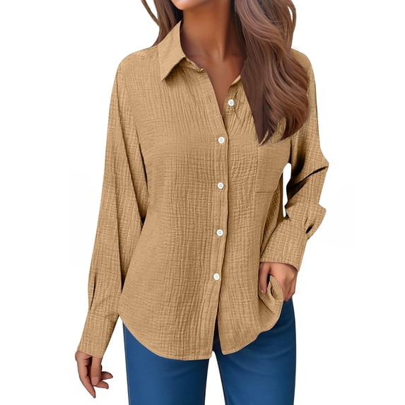 Summer Women Casual Solid Color Lapel Button Long Sleeve Shirt