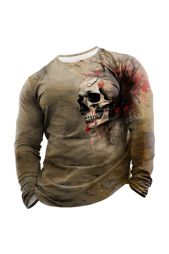 Long Sleeve T Shirt for Men Graphic Printed Round Neck Retro Loose Pullover Tops