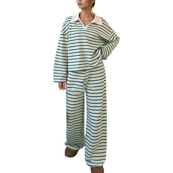 Tiweut Lounge Sets for Women 2 Piece Sweater Sets Striped Long Sleeve Pullover Top Matching Set Fall Outfits,Green,S