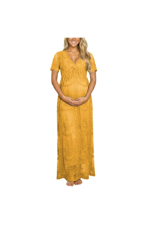 Maternity Dress for Women Shower 2026 Photoshoot Pregnancy Summer Midi Casual Flutter Sleeve Dresses Yellow