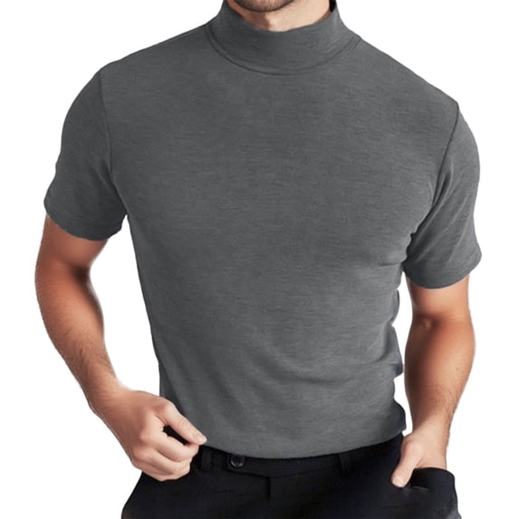 Tiweut Men Tshirts Summer Solid Color Turtleneck Short Sleeve Slim Pullover Blouse