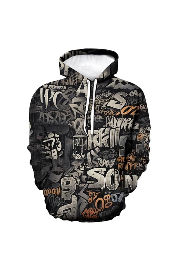 Men's Artist Street Letter Graffiti Markers Hoodies Hooded 3D Printing Graffiti Graphic Sweatshirts Pullover,Grey,S