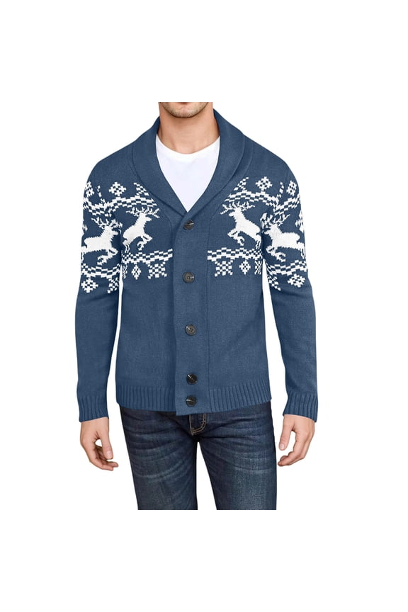 Men's Casual Christmas Sweaters Cardigans Autumn and Winter Outdoor Style Themed Long Sleeve V Neck Santa Deer Printed Coat Relaxed Fit Blouses,Blue,M