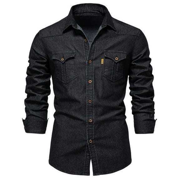 Tiweut Men's Leisure Denim Shirt Jackets Mens Slim Fit Long Sleeve Lapel Button Down Washed with Chest Pockets Regular Blouses Black,L