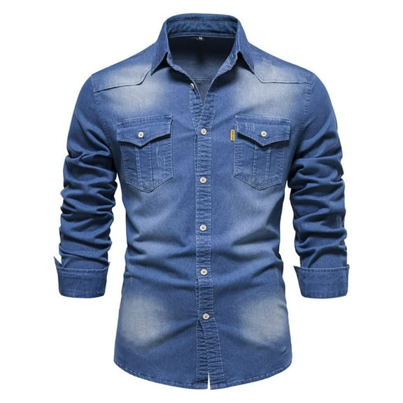 Tiweut Men's Leisure Denim Shirt Jackets Mens Slim Fit Long Sleeve Lapel Button Down Washed with Chest Pockets Regular Blouses Blue,3XL