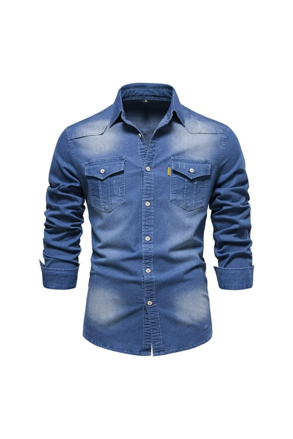 Men's Leisure Denim Shirt Jackets Mens Slim Fit Long Sleeve Lapel Button Down Washed with Chest Pockets Regular Blouses Blue,3XL