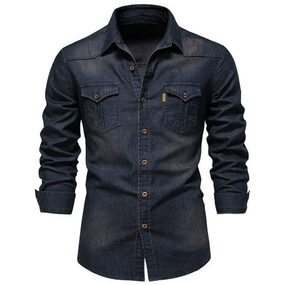 Tiweut Men's Leisure Denim Shirt Jackets Mens Slim Fit Long Sleeve Lapel Button Down Washed with Chest Pockets Regular Blouses Navy,S