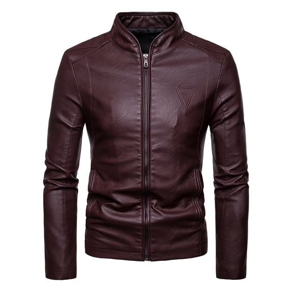 Tiweut Men's Leisure Leather Jackets Mens Solid Color Long Sleeved Stand Collar Zipper Slim Fit Coat Regular Blouses Red,4XL