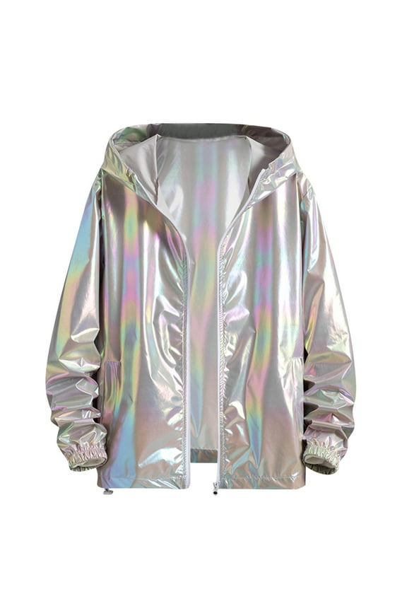 Men's Metallic Jacket Lightweight Zip Up Holographic Shiny Hooded Blouse