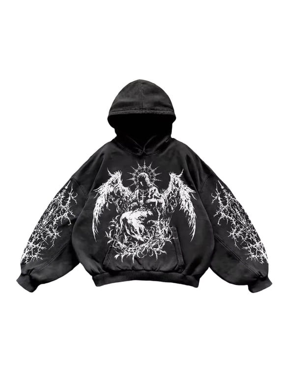 Men's Retro Long Sleeve Hooded Sweatshirt Oversized Hop Pullover Y2k Fashion Graphic Print Hoodie,Black