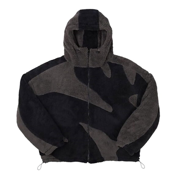 Tiweut Men's Y2K Fleece hooded Jacket Zip Up Patchwork Winter streetwear hoodie Unisex fluffy Jacket Fashion Sweatshirt,Black,S