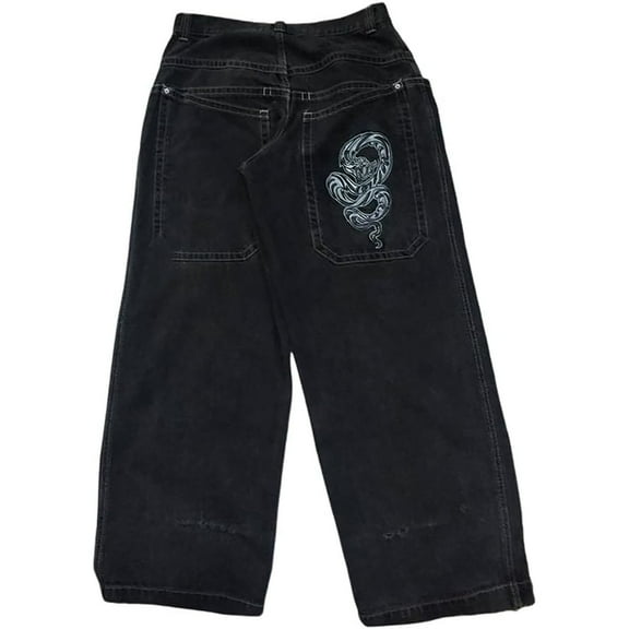 Tiweut Mens Casual Jeans Washed Y2K Denim Pants Retro Graphic Embroidered Long Wide Leg High Waist Loose Fit Streetwear Trousers for Man,Z1 Black,2XL
