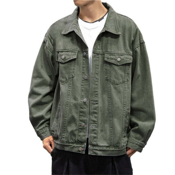 Tiweut Mens Denim Jackets Mens Fall/Winter Button Long Sleeved Lapel Button Outdoor Loose Fit Coat Regular Blouses Green,3XL