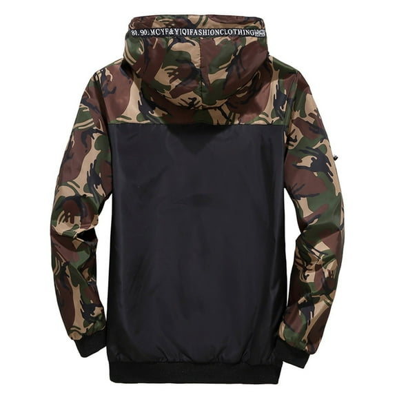 Tiweut Mens' Jackets Mens Camo Print Patchwork Hooded Drawstring Long Sleeve Zipper Coat with Pocket Tops Army Green,3XL