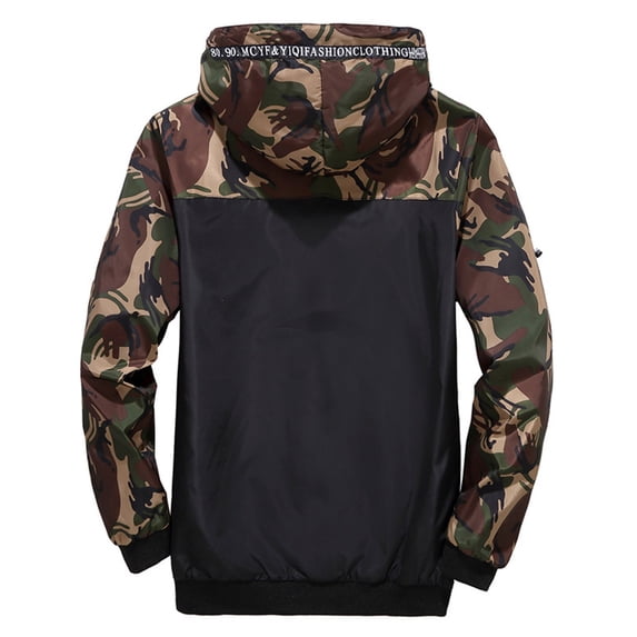 Tiweut Mens' Jackets Mens Camo Print Patchwork Hooded Drawstring Long Sleeve Zipper Coat with Pocket Tops Army Green,L