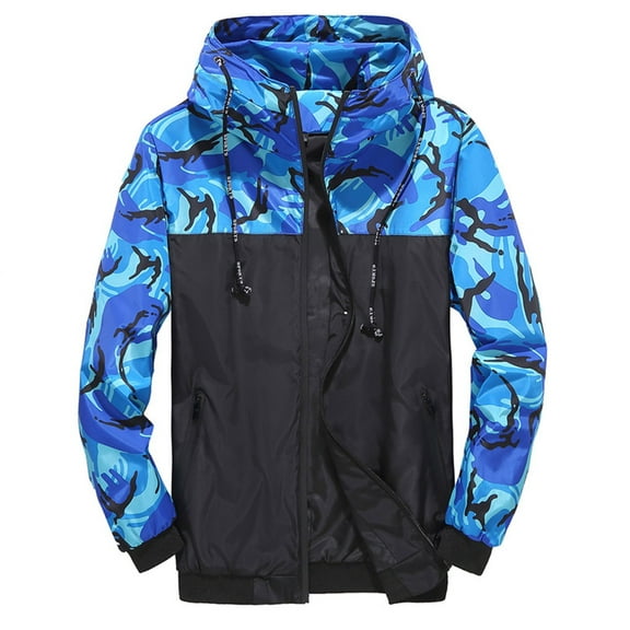 Tiweut Mens' Jackets Mens Camo Print Patchwork Hooded Drawstring Long Sleeve Zipper Coat with Pocket Tops Blue,2XL