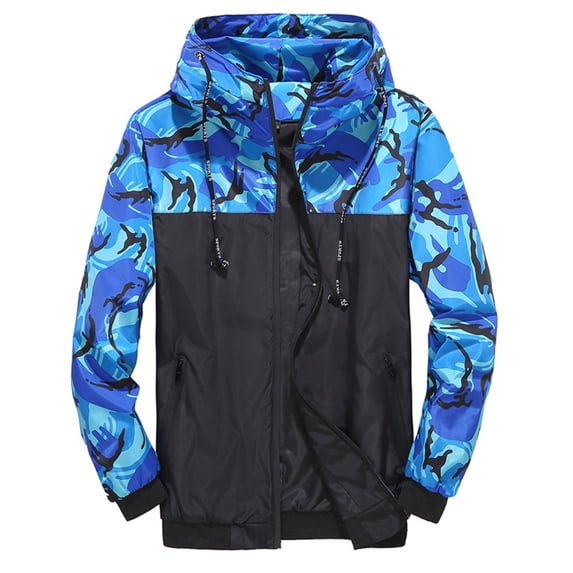 Tiweut Mens' Jackets Mens Camo Print Patchwork Hooded Drawstring Long Sleeve Zipper Coat with Pocket Tops Blue,XL