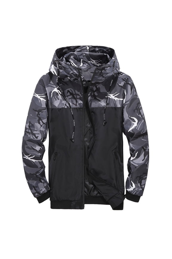 Mens' Jackets Mens Camo Print Patchwork Hooded Drawstring Long Sleeve Zipper Coat with Pocket Tops Grey,3XL