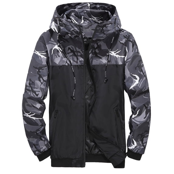 Tiweut Mens' Jackets Mens Camo Print Patchwork Hooded Drawstring Long Sleeve Zipper Coat with Pocket Tops Grey,M