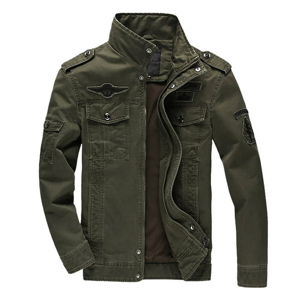 Tiweut Mens' Jackets Mens Fall Large Size Long Sleeve Stand Collar Zipper Flight Suit Outdoor Sports Workwear Textured Loose Fit Coat Tops Green,L