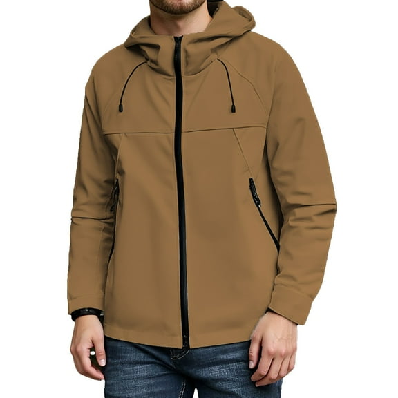 Tiweut Mens' Jackets Mens Windproof Outdoor Hiking Coat Loose Fit Hooded Long Sleeve Loose Fit Coat Lightweight All Season with Pocket Tops Coffee,2XL