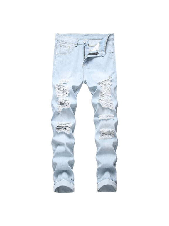 Mens Jeans 2025 Fashion Straight Leg Denim Pants High Waist Leggings Tube Mens Broken Knee Broken Trousers for Man Blue,30