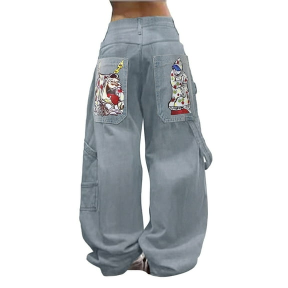 Tiweut Mens Jeans Mens Hip Hop Baggy Retro Graphic Denim Pants Long Wide Leg High Waist Gothic Oversized Trousers,Z1 Light Gray,M