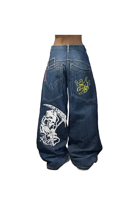 Mens Jeans Mens Hop Baggy Skeleton Graphic Denim Pants Long Wide Leg High Waist Gothic Oversized Trousers Blue,XL