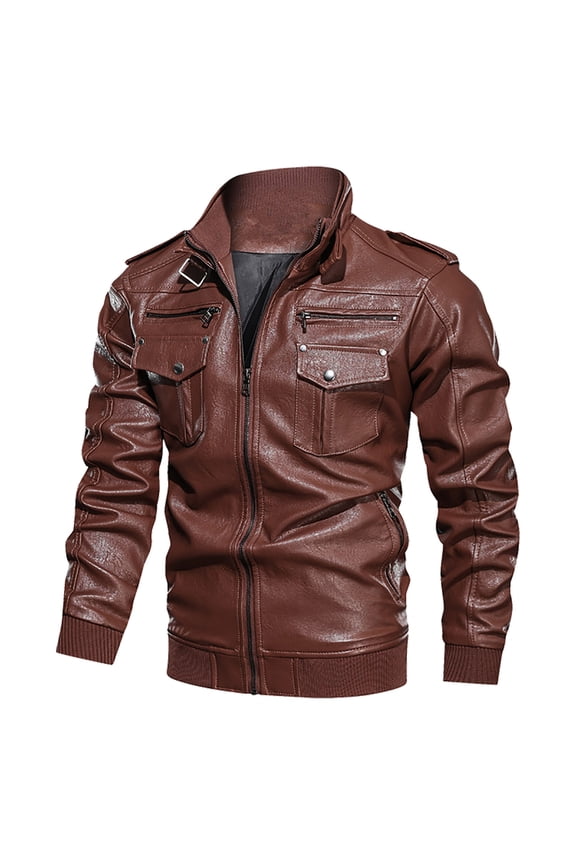 Mens Leather Jackets Mens Long Sleeve Lapel Zipper Sports Textured Retro Slim Fit Coat Regular Blouses Brown,S