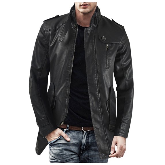 Tiweut Mens Leather Jackets Mens Winter Soft Coat Zipper Long Sleeve Lapel Trench Coat Regular Blouses Black,2XL