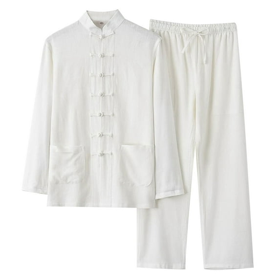 Tiweut Mens Outfits Sets Linen Loose Fit Set 2 Piece Long Sleeve Lapel Tops Pants Solid Color Man's Clothes Suit White,L