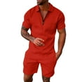 thumbnail image 1 of Tiweut Mens Outfits Sets Male Two Piece Loose Fit Zipper Lapel Short Sleeve Blouse Drawstring Pocket Shorts Man's Clothes Suit Red,2XL, 1 of 6