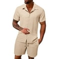 thumbnail image 1 of Tiweut Mens Outfits Sets Summer Sports Comfortable Short Sleeve Lapel Button Down Shirts Shorts Two Piece Suit for Man Khaki,XL, 1 of 9