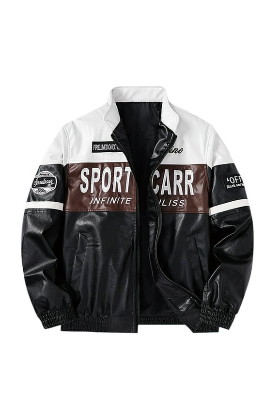 Mens PU Leather Jackets Mens Racing Motor Graphic Long Sleeve Letter Print Zipper Oversized Unisex Streetwear Regular Blouses Coffee,L