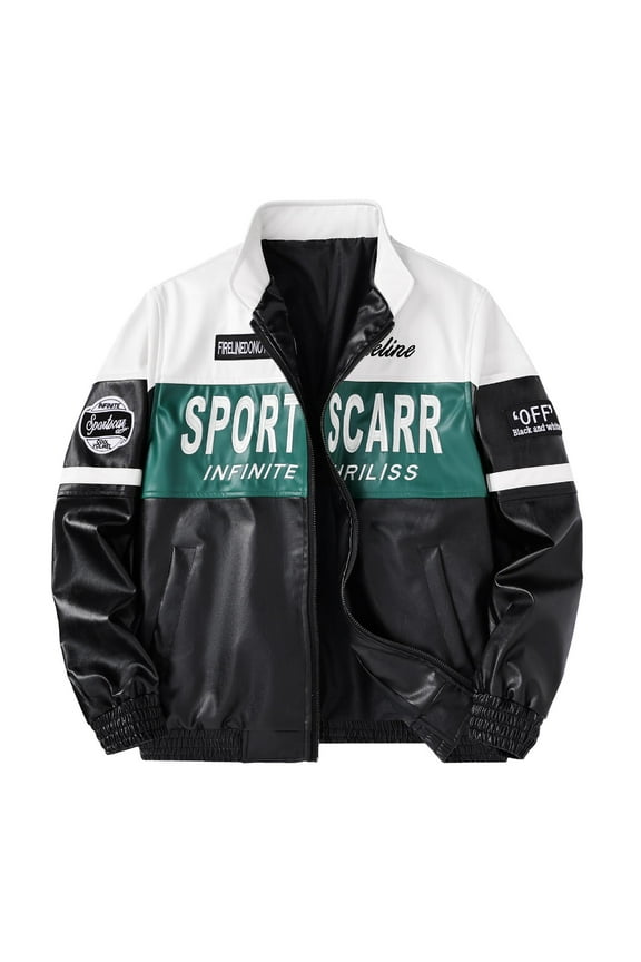 Mens PU Leather Jackets Mens Racing Motor Graphic Long Sleeve Letter Print Zipper Oversized Unisex Streetwear Regular Blouses Dark Green,L