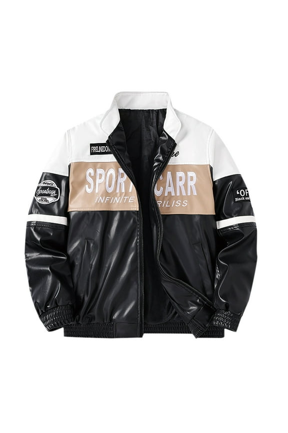 Mens PU Leather Jackets Mens Racing Motor Graphic Long Sleeve Letter Print Zipper Oversized Unisex Streetwear Regular Blouses Khaki,3XL